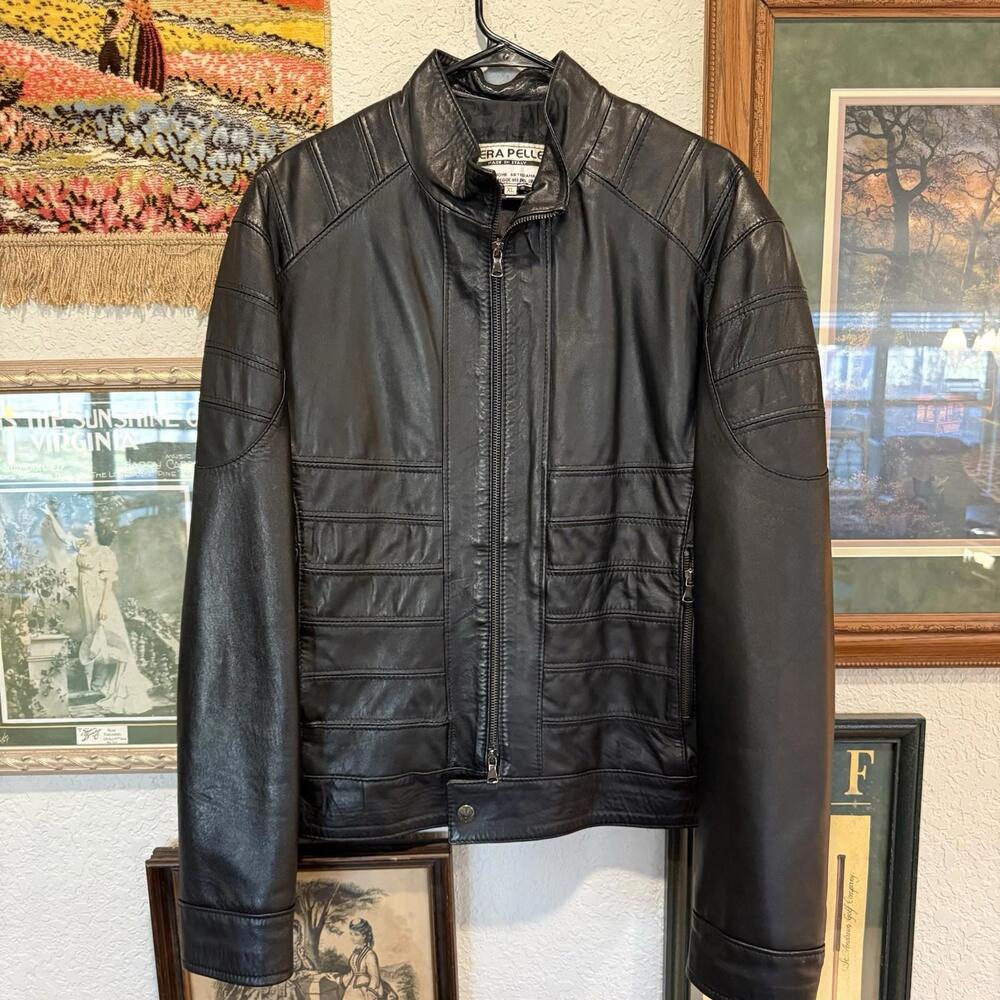 Vintage 80s RARE Vera Pelle Italian Black Leather Bomber Jacket Size Women’s XL